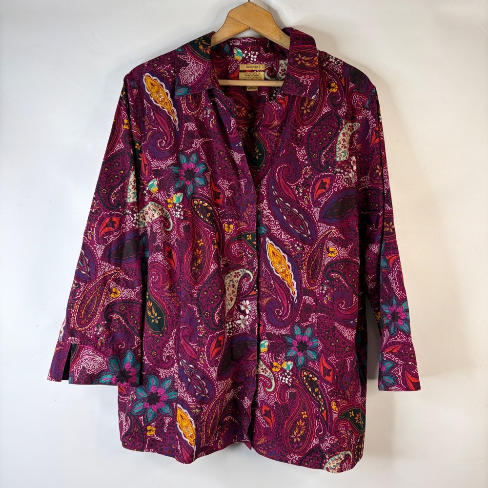 Gold Label Investments Button Up Shirt Women 22W Purple Paisley Non-Iron Cotton